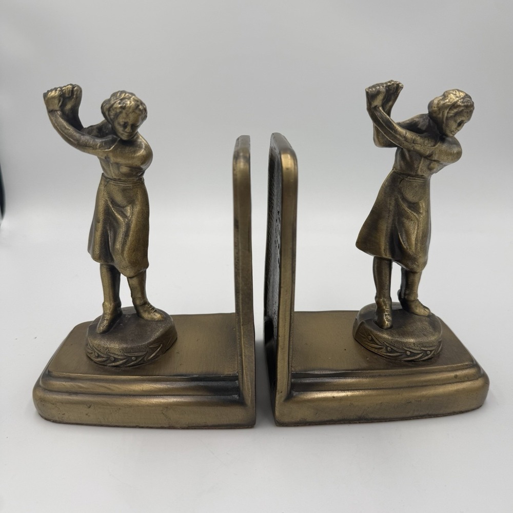 1996 Sarsaparilla Golf Bookends Brass Tone Golfer Pair Made in USA
